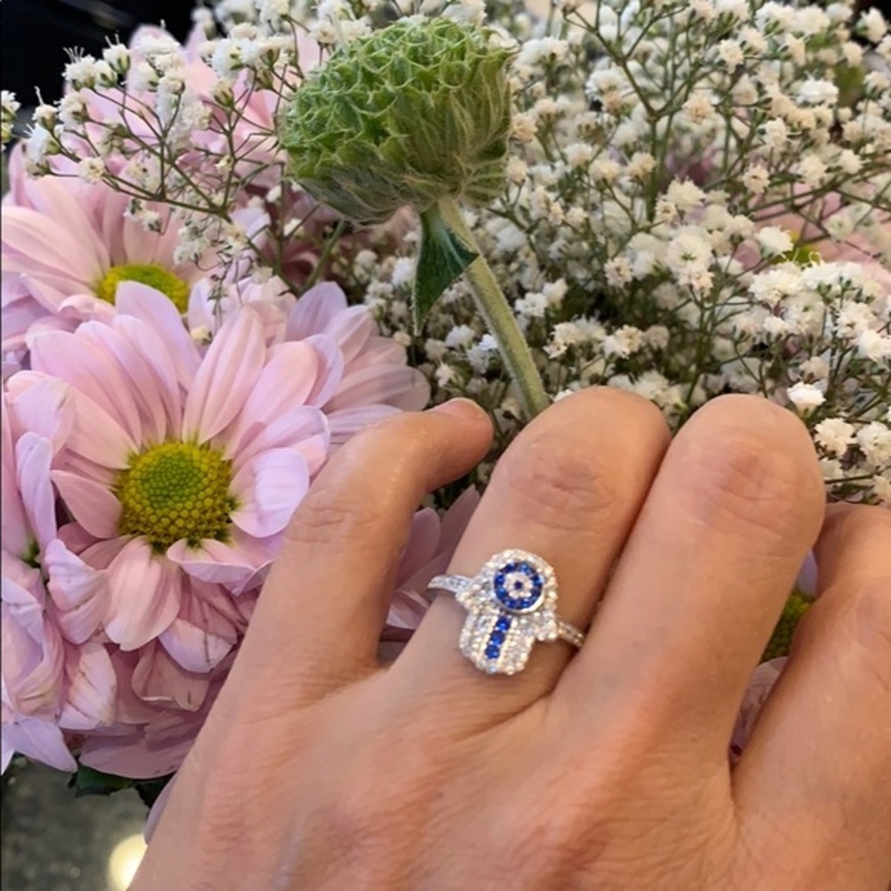 Sterling silver Hamsa Ring Band size 7 with clear and blue CZ stones